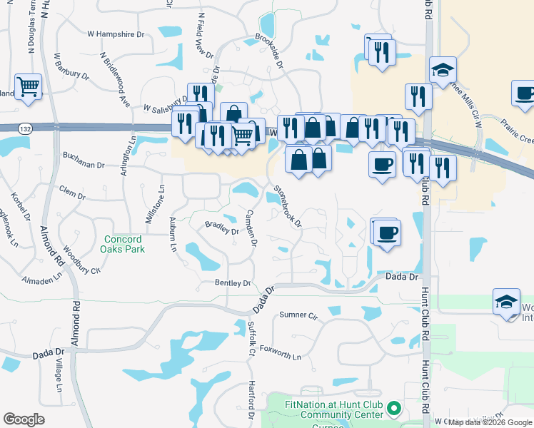 map of restaurants, bars, coffee shops, grocery stores, and more near 1571 Camden Drive in Gurnee