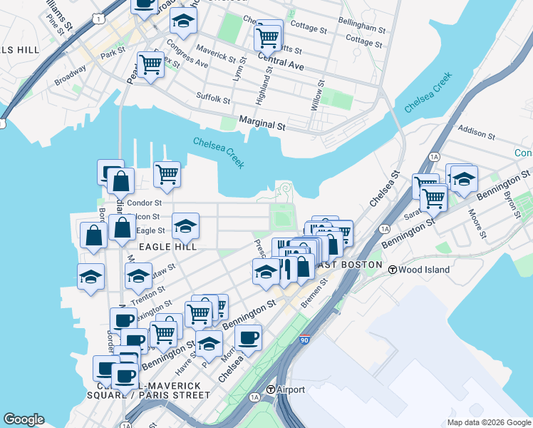 map of restaurants, bars, coffee shops, grocery stores, and more near 204 Falcon Street in Boston