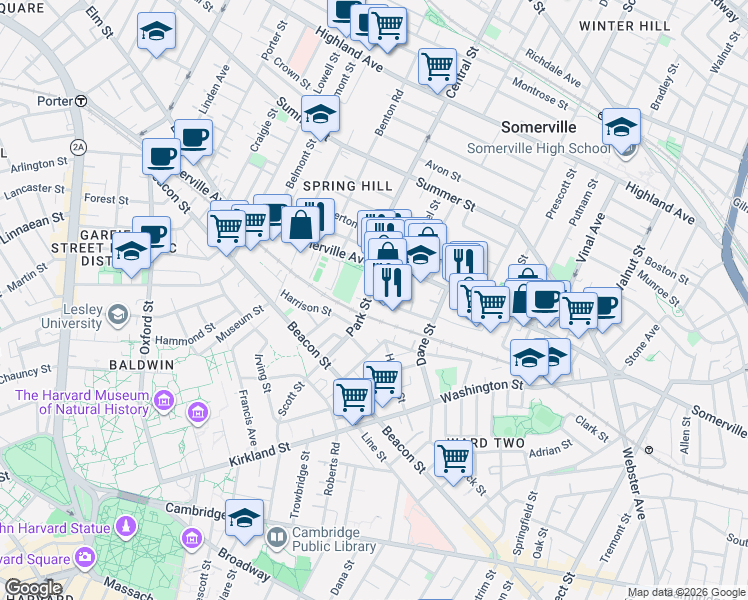 map of restaurants, bars, coffee shops, grocery stores, and more near 30 Park Street in Somerville