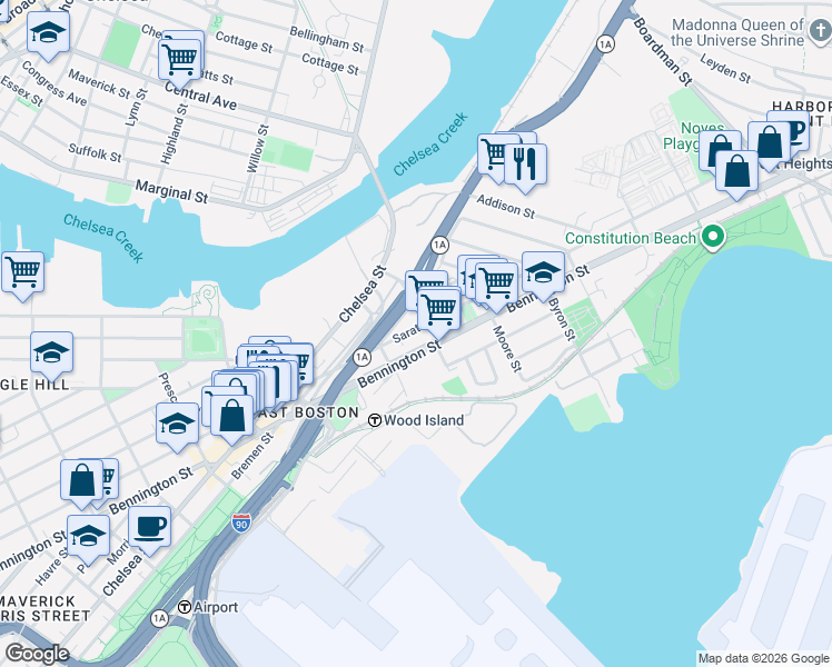 map of restaurants, bars, coffee shops, grocery stores, and more near 632 Saratoga Street in Boston