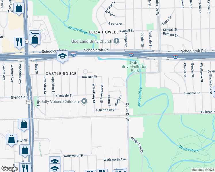 map of restaurants, bars, coffee shops, grocery stores, and more near 12908 Bramell in Detroit