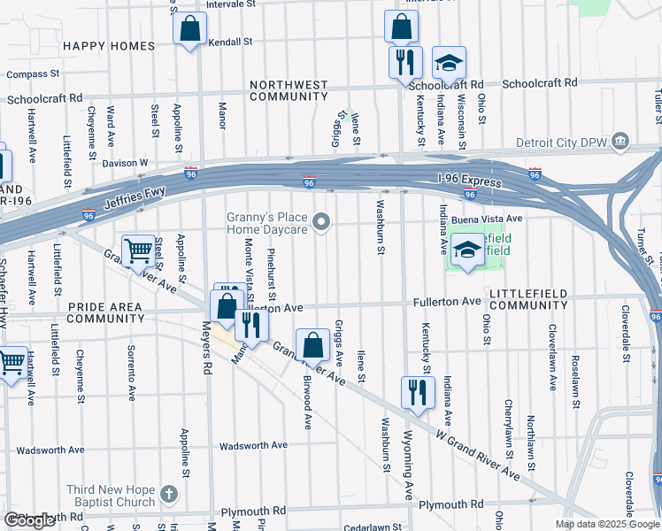 map of restaurants, bars, coffee shops, grocery stores, and more near 12701 Griggs Street in Detroit