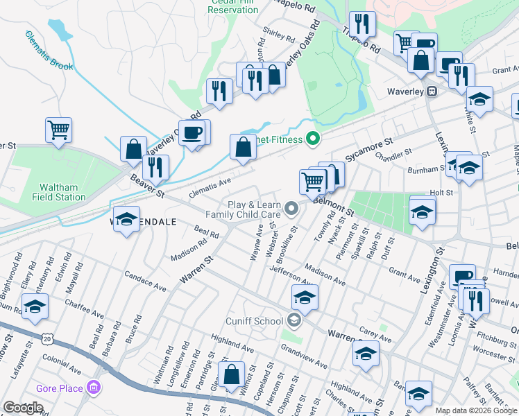 map of restaurants, bars, coffee shops, grocery stores, and more near 78 Wilbur Street in Waltham