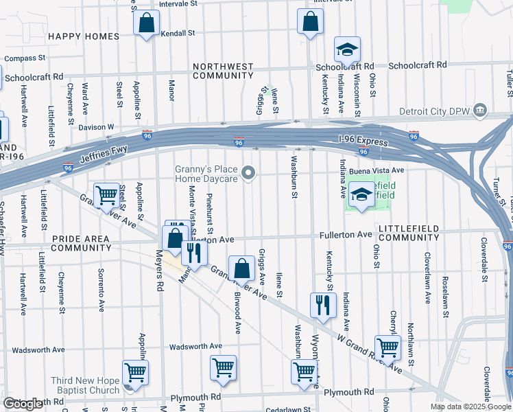 map of restaurants, bars, coffee shops, grocery stores, and more near 12701 Griggs Street in Detroit