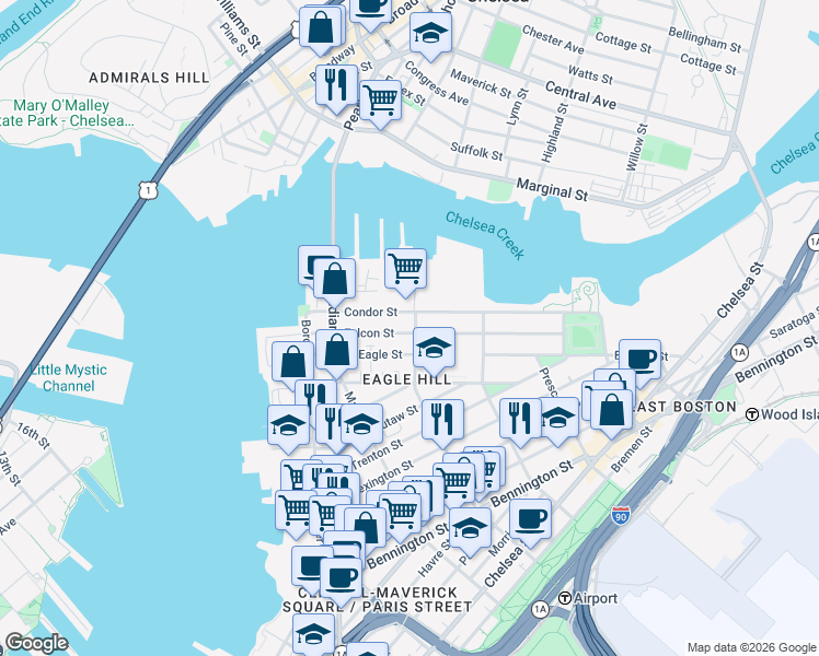 map of restaurants, bars, coffee shops, grocery stores, and more near 87 Condor Street in Boston