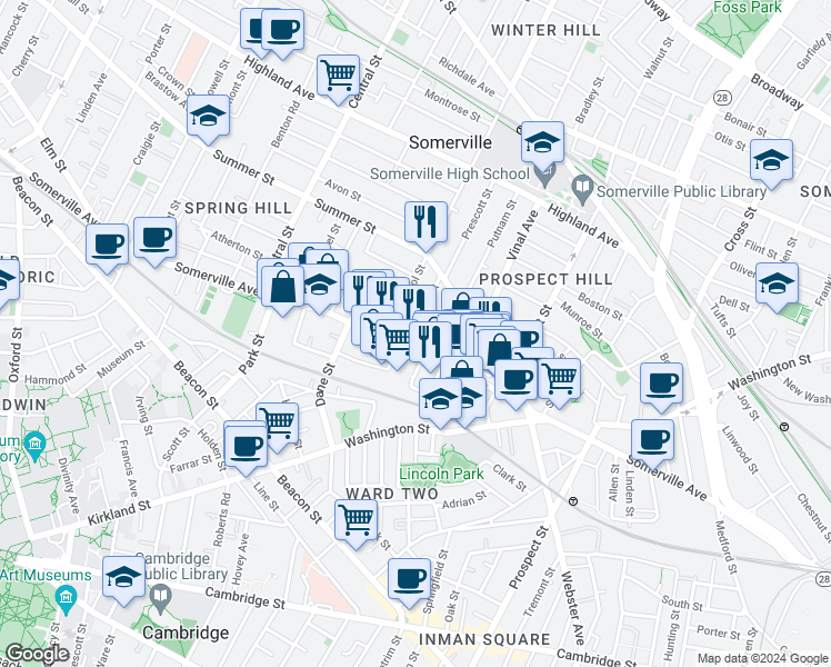 map of restaurants, bars, coffee shops, grocery stores, and more near 7 Quincy Street in Somerville