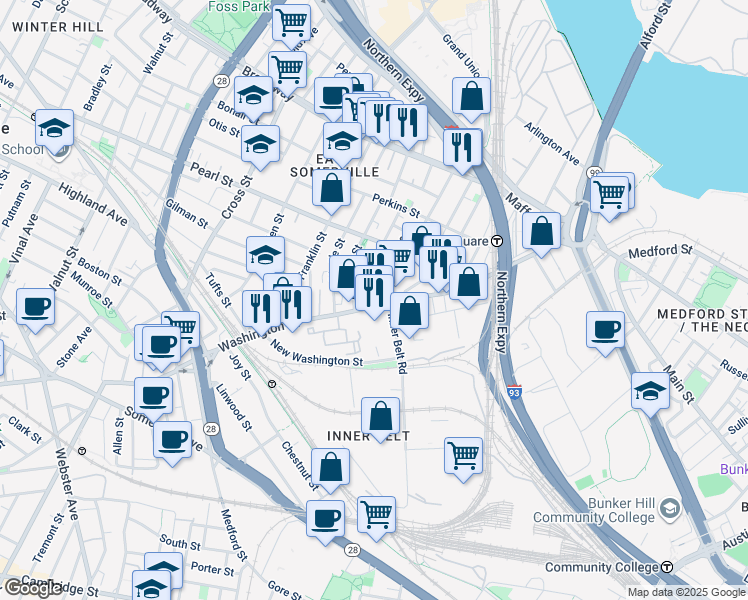 map of restaurants, bars, coffee shops, grocery stores, and more near 89 Mount Vernon Street in Somerville