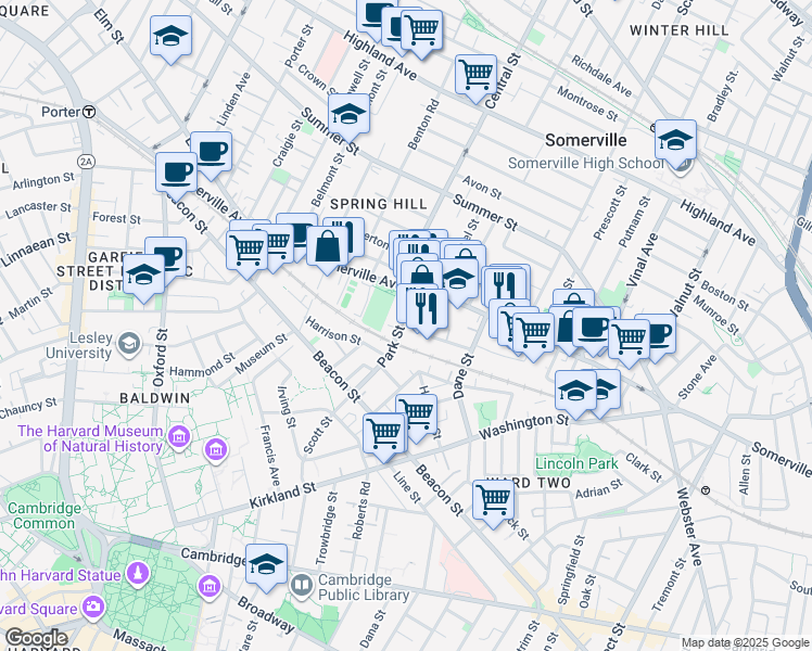 map of restaurants, bars, coffee shops, grocery stores, and more near 14 Park Street in Somerville