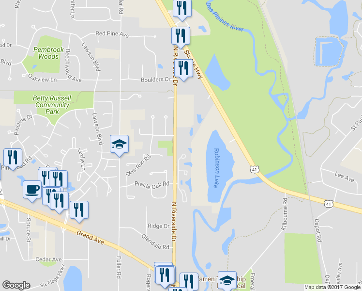 map of restaurants, bars, coffee shops, grocery stores, and more near 1544 Queen Ann Lane in Gurnee