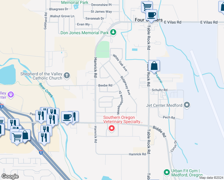 map of restaurants, bars, coffee shops, grocery stores, and more near 2628 Beebe Road in Central Point