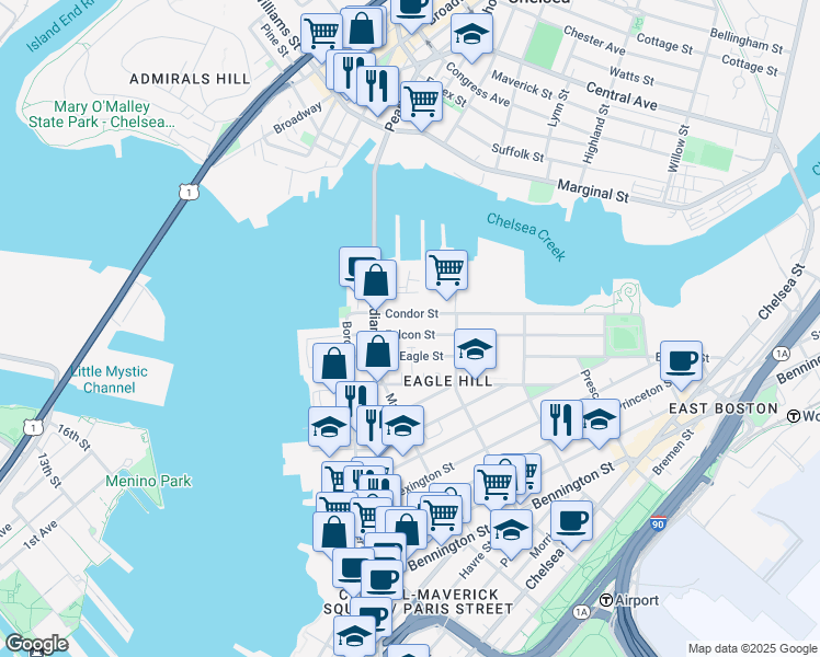 map of restaurants, bars, coffee shops, grocery stores, and more near 47 Condor Street in Boston