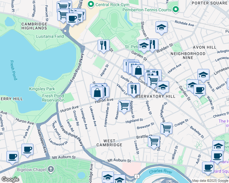 map of restaurants, bars, coffee shops, grocery stores, and more near 30 Granville Road in Cambridge