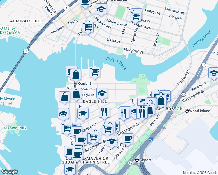 map of restaurants, bars, coffee shops, grocery stores, and more near 167-169 Condor Street in Boston