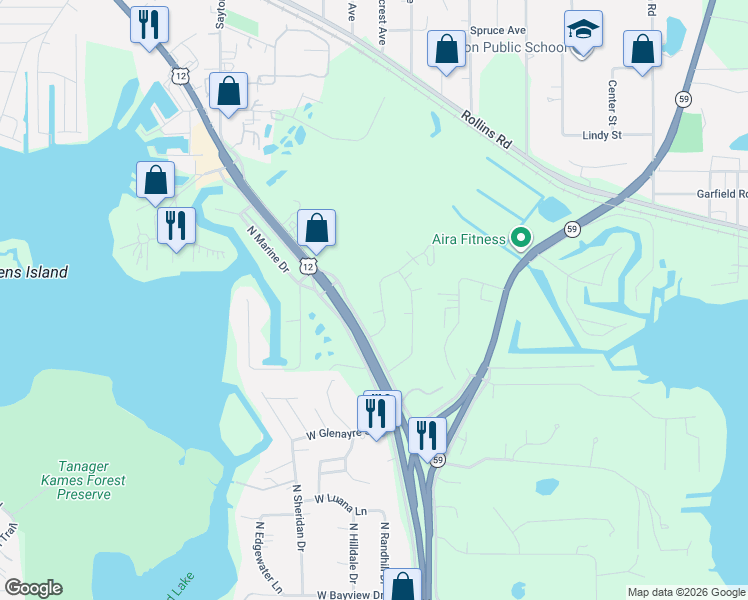 map of restaurants, bars, coffee shops, grocery stores, and more near 596 Foxridge Drive in Fox Lake