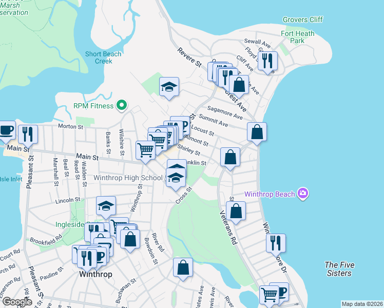 map of restaurants, bars, coffee shops, grocery stores, and more near 40 Shirley Street in Winthrop
