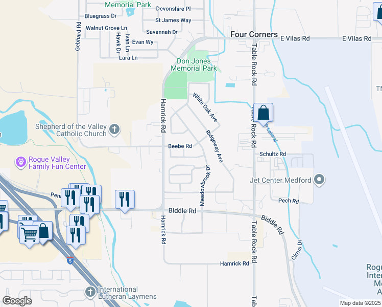map of restaurants, bars, coffee shops, grocery stores, and more near 2628 Beebe Road in Central Point