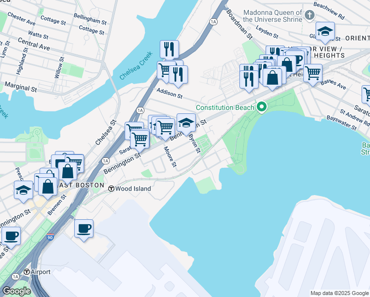 map of restaurants, bars, coffee shops, grocery stores, and more near 95 Horace Street in Boston