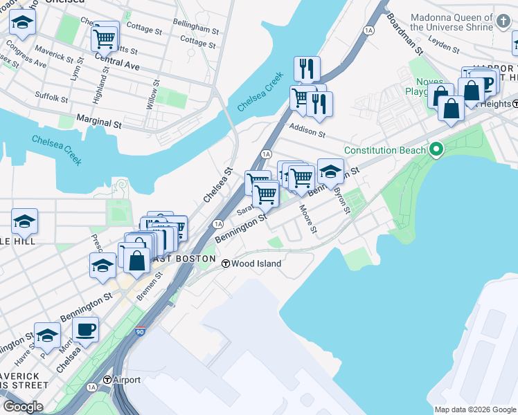 map of restaurants, bars, coffee shops, grocery stores, and more near 665 Saratoga Street in Boston