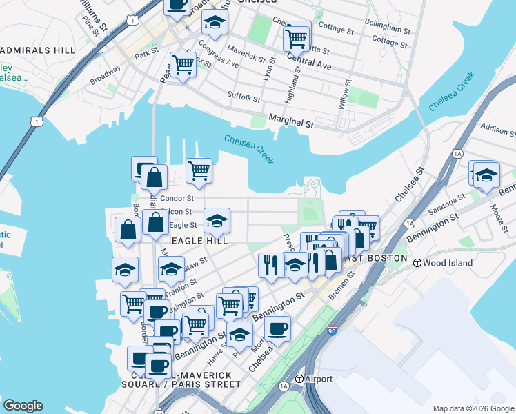 map of restaurants, bars, coffee shops, grocery stores, and more near 213 Condor Street in Boston
