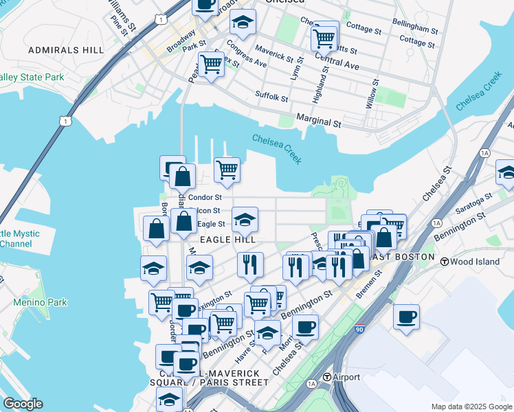 map of restaurants, bars, coffee shops, grocery stores, and more near 167-169 Condor Street in Boston