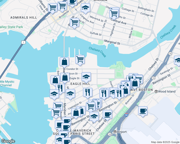 map of restaurants, bars, coffee shops, grocery stores, and more near 167-169 Condor Street in Boston