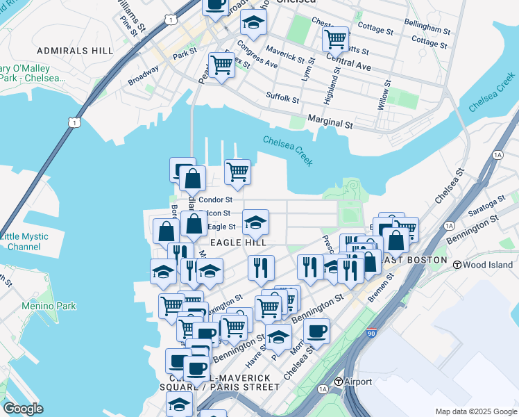 map of restaurants, bars, coffee shops, grocery stores, and more near 129 Condor Street in Boston