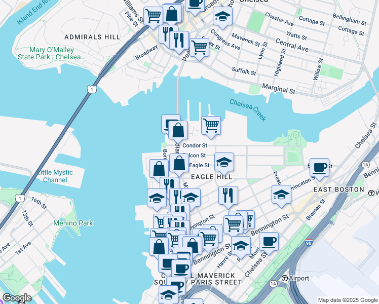 map of restaurants, bars, coffee shops, grocery stores, and more near 47 Condor Street in Boston