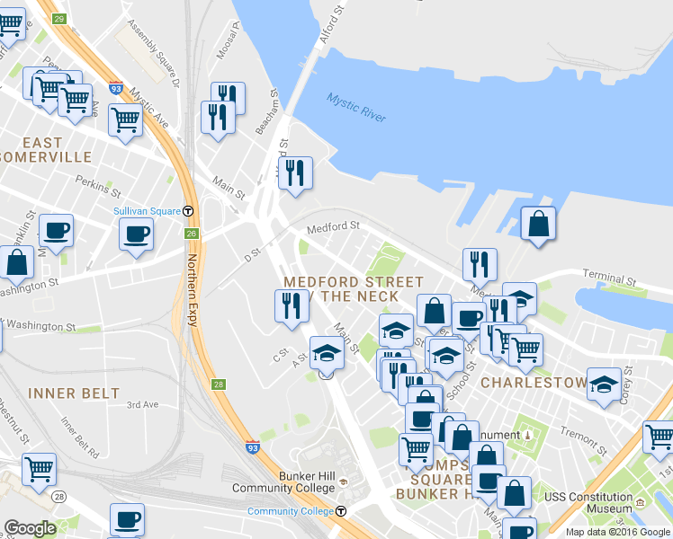 map of restaurants, bars, coffee shops, grocery stores, and more near 73 Baldwin Street in Boston