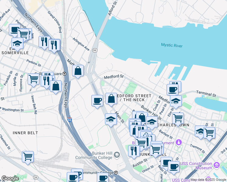 map of restaurants, bars, coffee shops, grocery stores, and more near 73 Baldwin Street in Boston