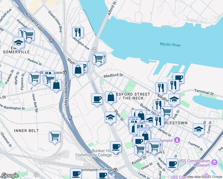 map of restaurants, bars, coffee shops, grocery stores, and more near 73 Baldwin Street in Boston