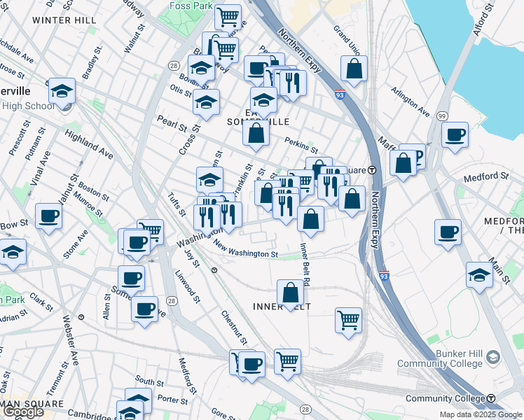 map of restaurants, bars, coffee shops, grocery stores, and more near 16 Florence Street in Somerville