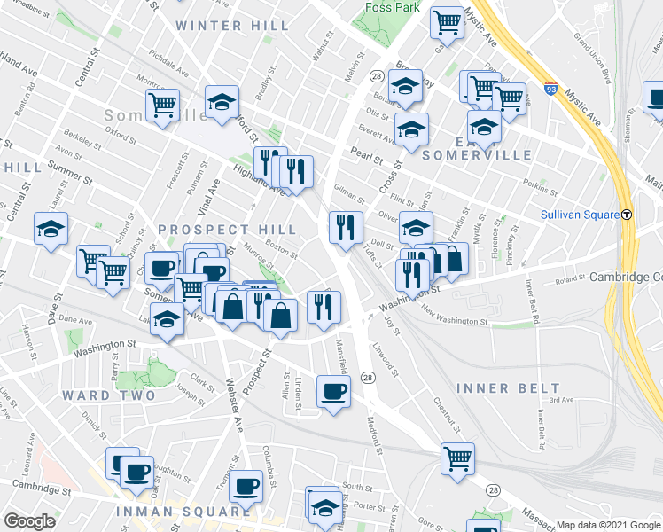 map of restaurants, bars, coffee shops, grocery stores, and more near in Somerville