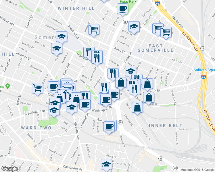 map of restaurants, bars, coffee shops, grocery stores, and more near in Somerville