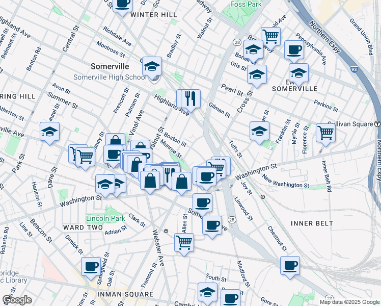map of restaurants, bars, coffee shops, grocery stores, and more near 53 Boston Street in Somerville