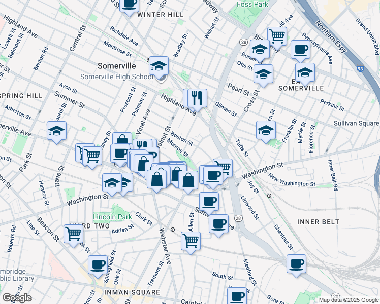 map of restaurants, bars, coffee shops, grocery stores, and more near 75 Munroe Street in Somerville
