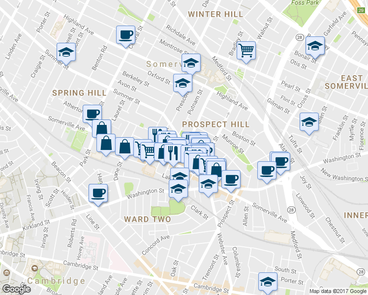 map of restaurants, bars, coffee shops, grocery stores, and more near 20 Summer Street in Somerville
