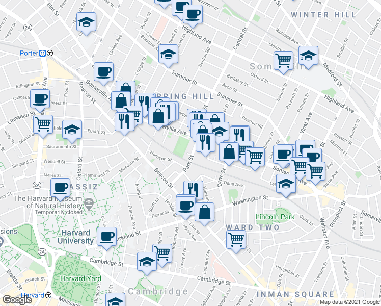 map of restaurants, bars, coffee shops, grocery stores, and more near 550 Somerville Avenue in Somerville
