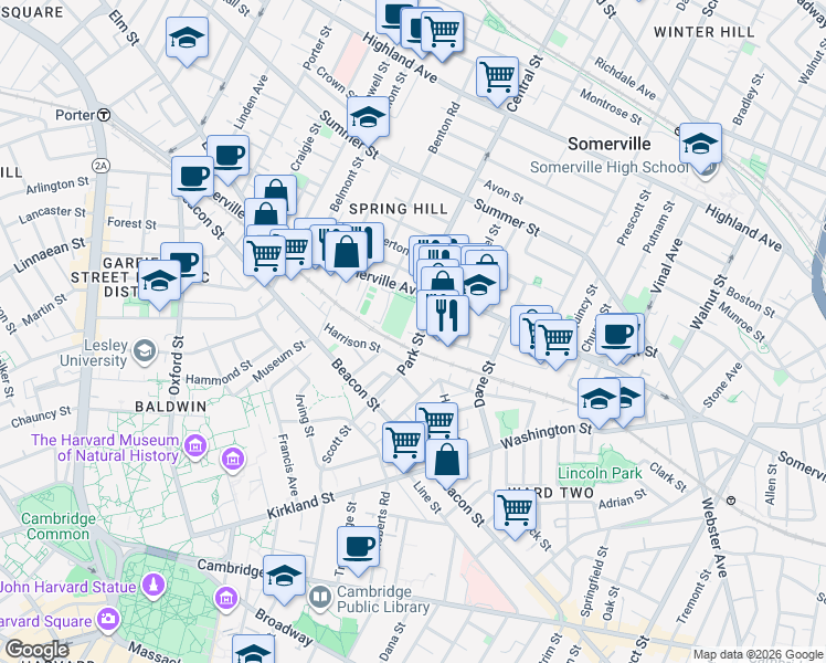 map of restaurants, bars, coffee shops, grocery stores, and more near 550 Somerville Avenue in Somerville