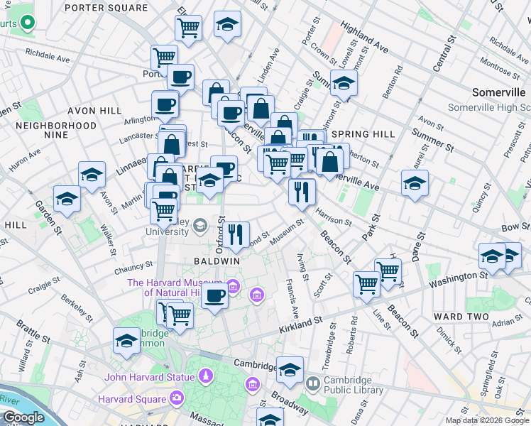 map of restaurants, bars, coffee shops, grocery stores, and more near 66 Sacramento Street in Cambridge