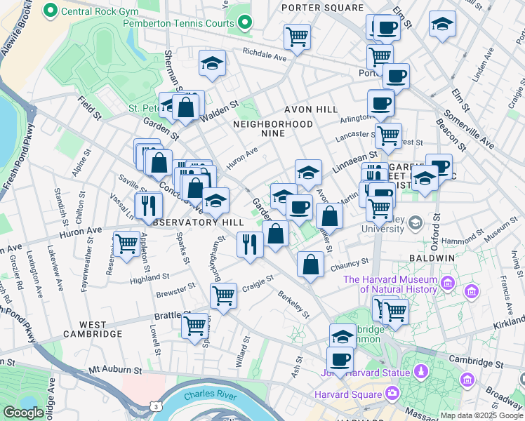 map of restaurants, bars, coffee shops, grocery stores, and more near 42 Fernald Drive in Cambridge
