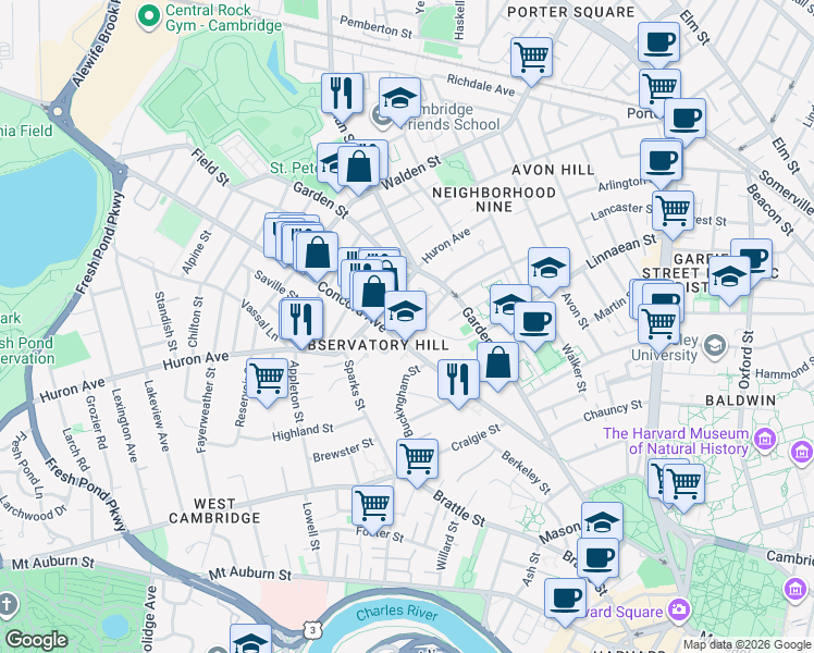 map of restaurants, bars, coffee shops, grocery stores, and more near 138-140 Huron Avenue in Cambridge