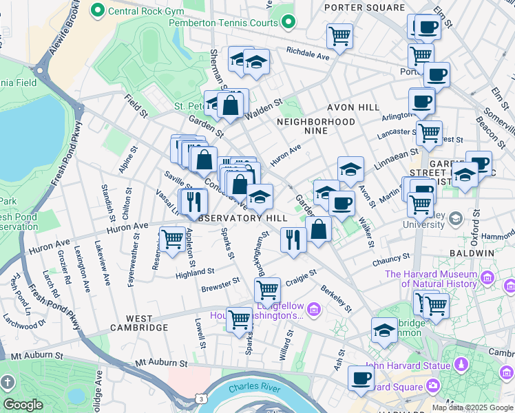 map of restaurants, bars, coffee shops, grocery stores, and more near 138-140 Huron Avenue in Cambridge