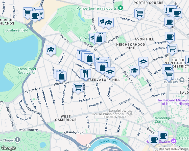 map of restaurants, bars, coffee shops, grocery stores, and more near 7 Appleton Terrace in Cambridge