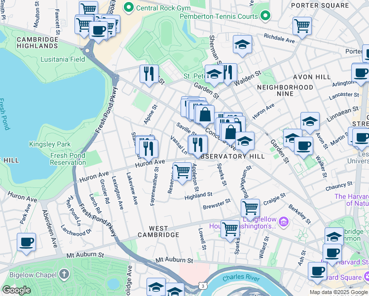 map of restaurants, bars, coffee shops, grocery stores, and more near 19 Hutchinson Street in Cambridge