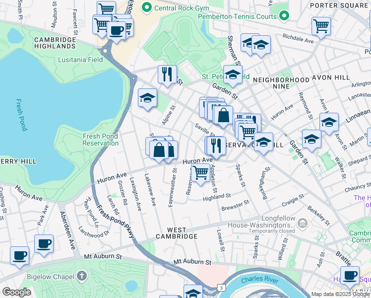map of restaurants, bars, coffee shops, grocery stores, and more near 30 Granville Road in Cambridge