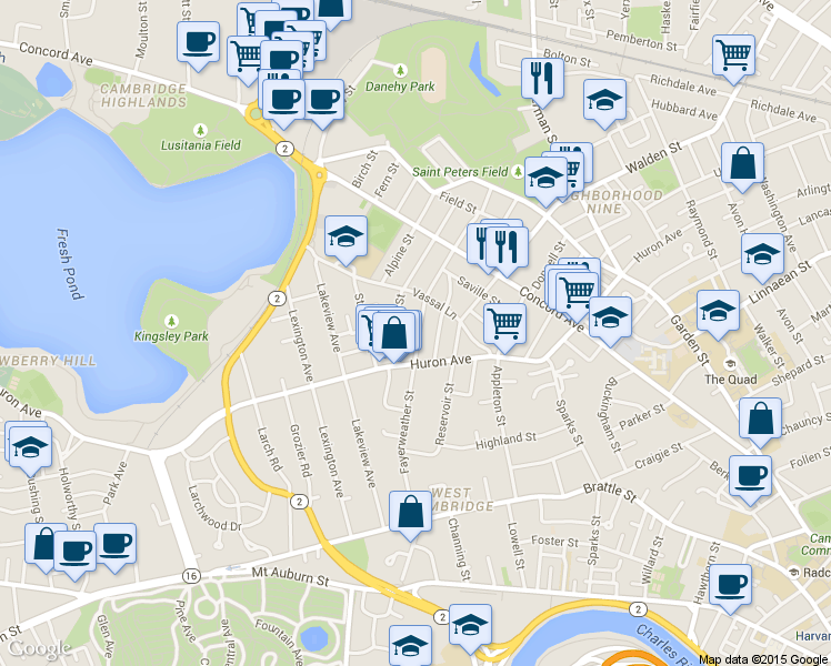 map of restaurants, bars, coffee shops, grocery stores, and more near 101 Fayerweather Street in Cambridge