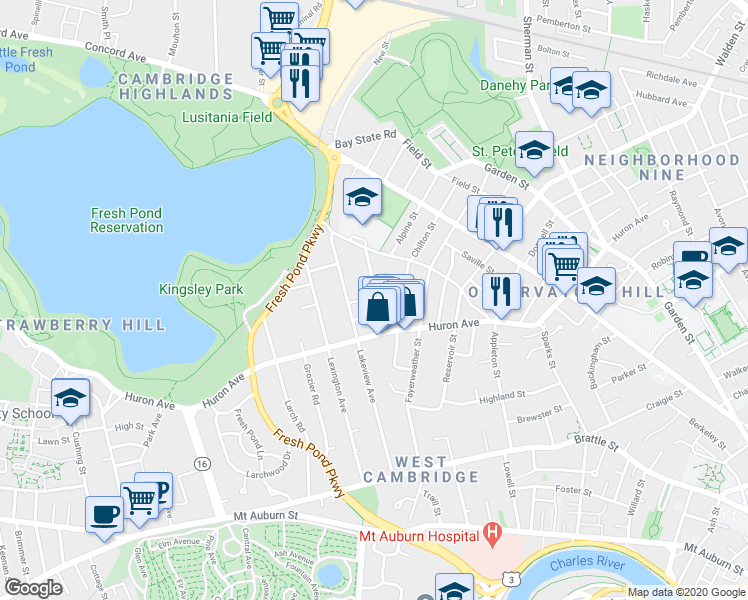 map of restaurants, bars, coffee shops, grocery stores, and more near 45 Standish Street in Cambridge