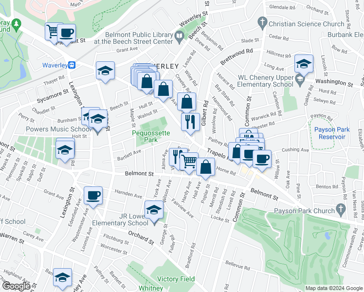 map of restaurants, bars, coffee shops, grocery stores, and more near 17 Bartlett Avenue in Belmont
