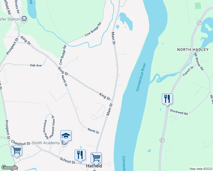 map of restaurants, bars, coffee shops, grocery stores, and more near 131 Main Street in Hatfield