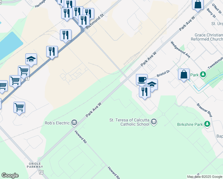 map of restaurants, bars, coffee shops, grocery stores, and more near 683 Park Avenue West in Chatham